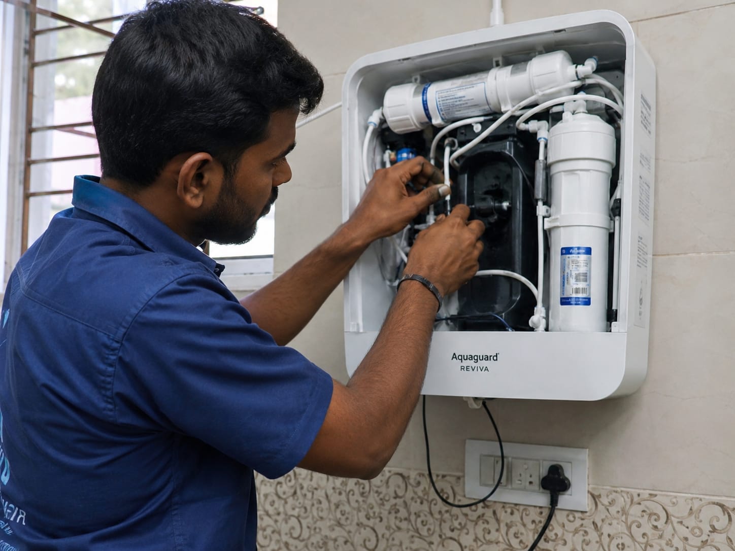 Technician servicing a wall-mounted Aquaguard RO water purifier